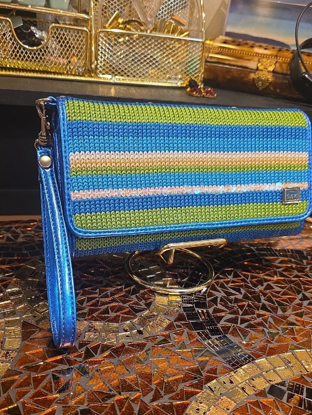 The Sak Blue & Green Striped Wristlet Clutch